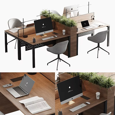 Modern Office Desk With Desktop Computer Laptop Gray Chairs Green Plants And Wooden Surface 3d model