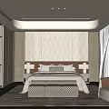 Modern Elegant Bedroom Interior With Large Bed Striped Headboard Wall And City View