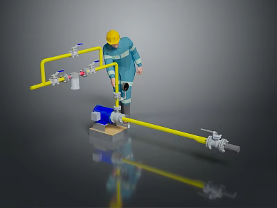 Industrial Pipeline Equipment With Yellow Pipes Blue Pump Valves Pressure Gauge And Worker Operation 3d model