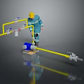 Industrial Pipeline Equipment With Yellow Pipes Blue Pump Valves Pressure Gauge And Worker Operation