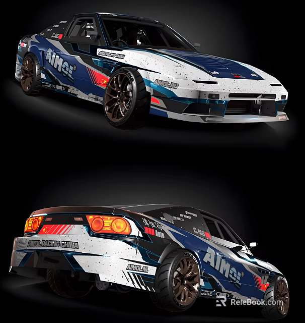 Modified Ainslie Blue And White Racing Car With Sporty Body Alloy Wheels And Rear Spoiler 3d model 