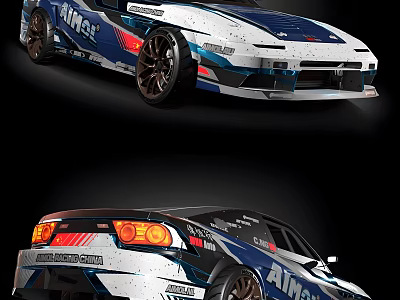 Modified Ainslie Blue And White Racing Car With Sporty Body Alloy Wheels And Rear Spoiler 3d model
