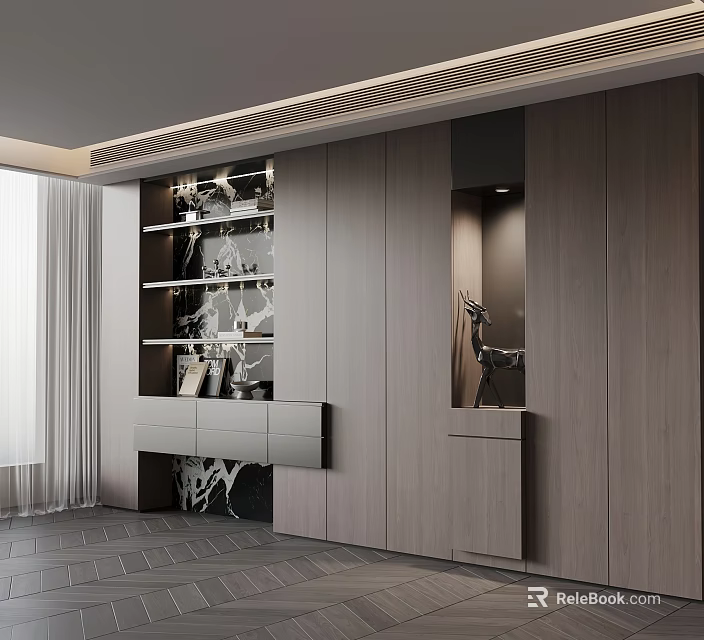Modern Minimalist Wooden Built in Bookcase With Open Shelves And Decorative Items 3d model 