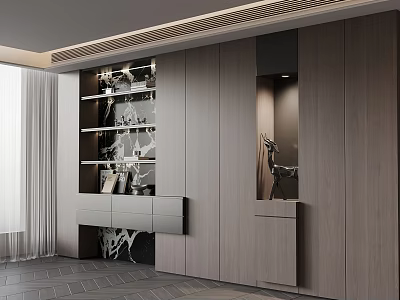 Modern Minimalist Wooden Built in Bookcase With Open Shelves And Decorative Items 3d model
