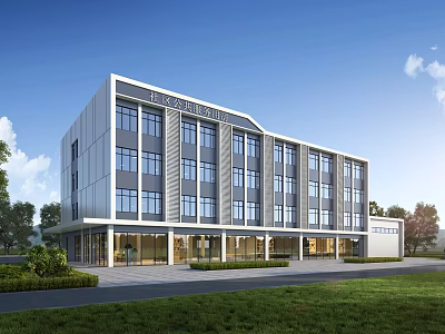 Modern Multi Storey Office Building With Large Glass Windows Lawn And Entrance Design 3d model