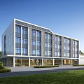 Modern Multi Storey Office Building With Large Glass Windows Lawn And Entrance Design
