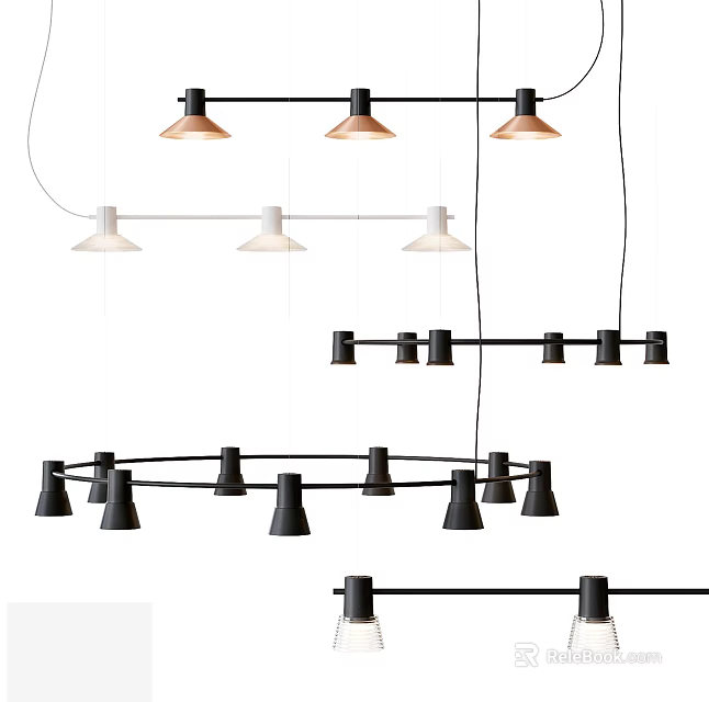 Stylish Modern Pendant Lights In Black White Copper With Linear And Circular Metal Designs For Interior Decor 3d model 