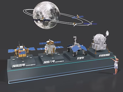 Moon Orbit and Spacecraft Models Display with Lunar Landers and Satellites 3d model