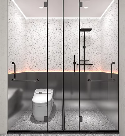 Modern Hotel Bathroom Interior With Glass Partitions Terrazzo Walls And White Toilet 3d model