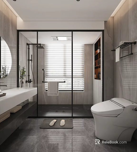 Modern Bathroom Interior With Glass Shower Venetian Blinds Round Mirror Smart Toilet And Vanity 3d model 