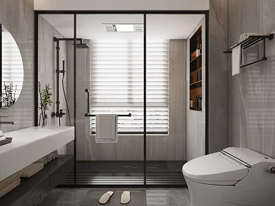 Modern Bathroom Interior With Glass Shower Venetian Blinds Round Mirror Smart Toilet And Vanity 3d model