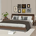 Double Bed Featuring Wooden Headboard White Sheets Gray Pillows Decorative Wall Art Nightstand And Lamp