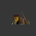 Camping Outdoor Gear Setup With Yellow Backpack Fishing Rod Tree Stump Pot And Lantern