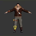 Man Wearing Brown Jacket Red Backpack Work Pants Yellow Knee Pads Boots With Arms Outstretched
