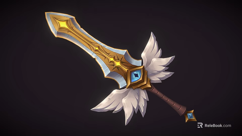 Ornate Golden Sword With Blue Gem White Feathers And Brown Hilt Design 3d model 
