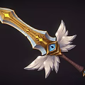 Ornate Golden Sword With Blue Gem White Feathers And Brown Hilt Design