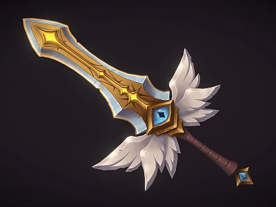 Ornate Golden Sword With Blue Gem White Feathers And Brown Hilt Design 3d model