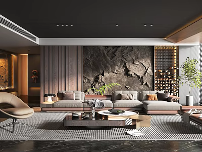 Modern Living Room Interior With Sofa Coffee Table Decorative Wall And Green Plant 3d model