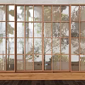 Large Glass Windows With Wooden Frame And Tree Reflections In Interior