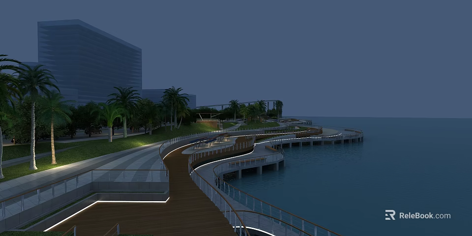 Road Facilities With Wooden Boardwalk Guardrails Lighting And Greenery Along Seaside 3d model 