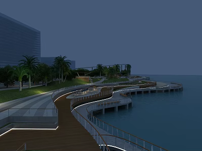 Road Facilities With Wooden Boardwalk Guardrails Lighting And Greenery Along Seaside 3d model