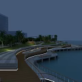 Road Facilities With Wooden Boardwalk Guardrails Lighting And Greenery Along Seaside