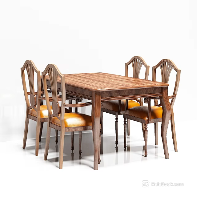 Classic Solid Wood Dining Table Set With Carved Chairs And Yellow Cushions 3d model 