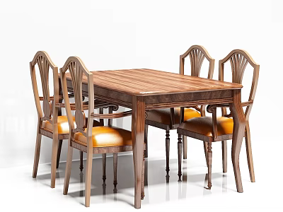 Classic Solid Wood Dining Table Set With Carved Chairs And Yellow Cushions 3d model