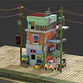 Cartoon Scene With Colorful Building Orange Green Exterior Staircase Utility Poles And Street Stalls