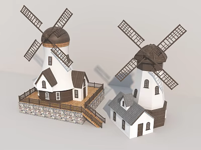 Windmill Building Components With Rotating Blades White Tower And Small Houses 3d model