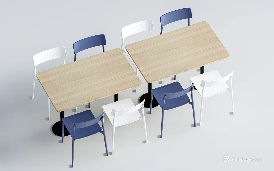 Two Rectangular Wooden Dining Tables With Blue And White Chairs Set 3d model