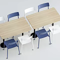 Two Rectangular Wooden Dining Tables With Blue And White Chairs Set 3d model