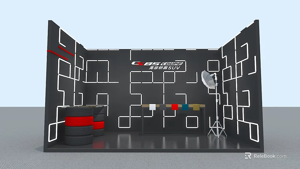 C8 GOLF Photo Check in Spot With Black Background White Square Patterns Tires And Display Table 3d model 