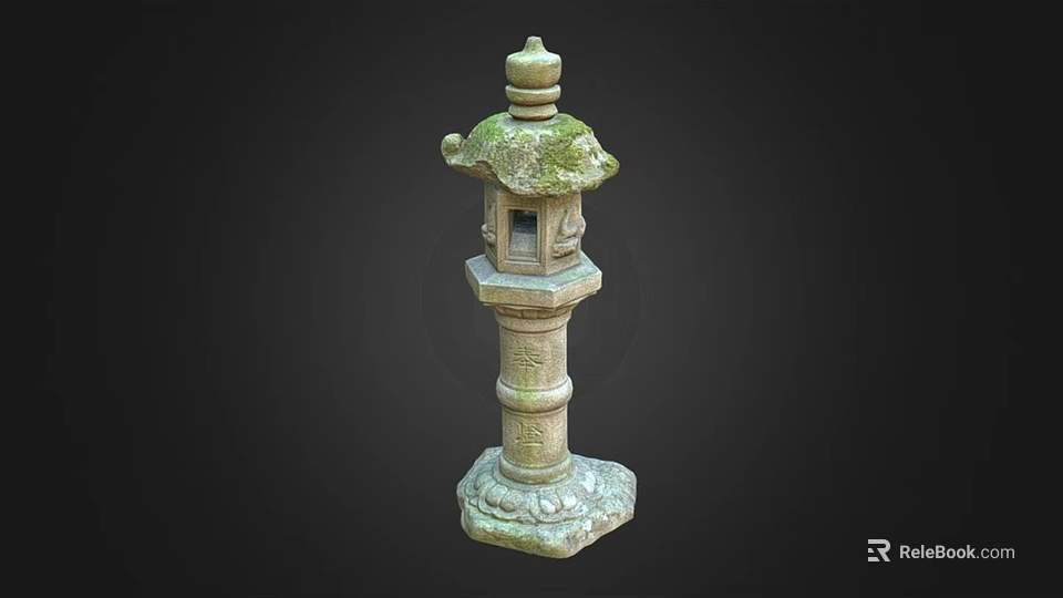 Lush Moss Covered Traditional Stone Lantern With Carved Base Details 3d model 
