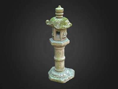 Lush Moss Covered Traditional Stone Lantern With Carved Base Details 3d model