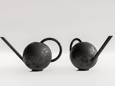 Set Of Two Black Spherical Metal Tea Kettles With Long Spout Handle And Textured Surface 3d model