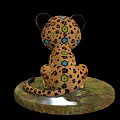 Cheetah Cub Doll with Colorful Patterns Big Blue Eyes Sitting on Decorative Base