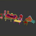Elegant Red Furniture Set Including Sofa Chairs Coffee Table And Ottoman With Ornate Details