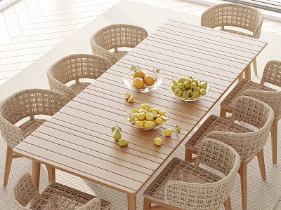 Outdoor Wooden Table with Rattan Chairs and Fruit Bowls for Garden Patio Use 3d model