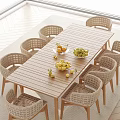 Outdoor Wooden Table with Rattan Chairs and Fruit Bowls for Garden Patio Use