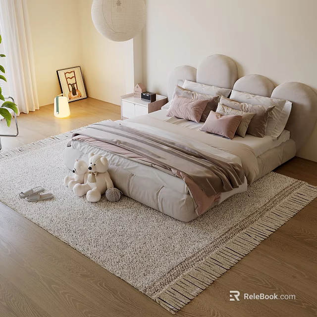 Kids Bed With Double Heart Shaped Headboard Soft Bedding Plush Teddy Bears Fluffy Rug 3d model 