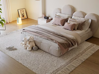 Kids Bed With Double Heart Shaped Headboard Soft Bedding Plush Teddy Bears Fluffy Rug 3d model