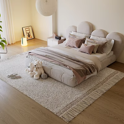 Kids Bed With Double Heart Shaped Headboard Soft Bedding Plush Teddy Bears Fluffy Rug 3d model