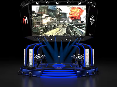 Dance Hall Stage With Large Screen Explosion Visuals Blue Lighting And Performers 3d model