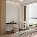 Modern Hotel Guest Room With Wooden Accent Wall Orange Armchair Ottoman Window Curtains And Bed