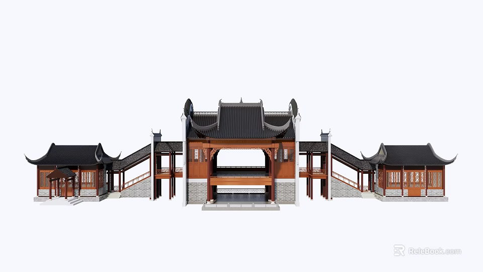 Traditional Ancient Chinese Architecture Design With Wooden Frames Curved Eaves And Black Tiles 3d model 