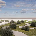 Modern Architectural Building Featuring Unique Curved Design Light Exterior Arched Openings And Lawn Area