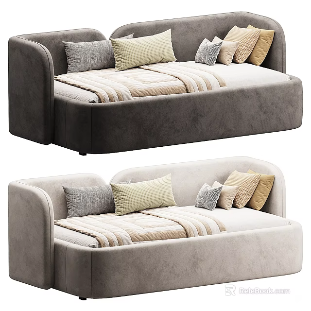 Cozy Two Seater Sofa With Gray Beige Tones Striped Blanket And Pillows 3d model 