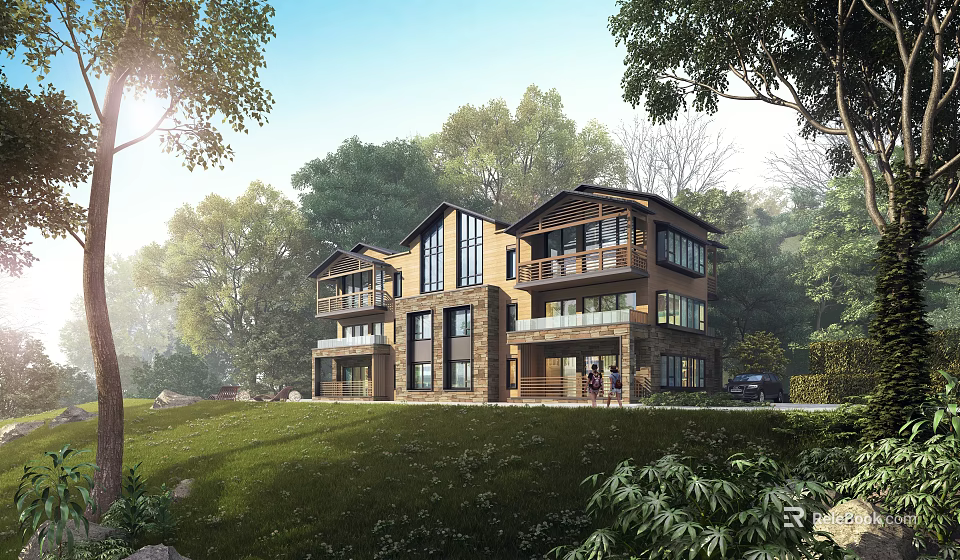 Luxury Detached Villa With Modern Design Surrounded By Green Trees And Lush Lawn 3d model 