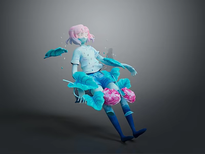 Pink Haired Woman In White Top Blue Pants With Blue Leaves Pink Flowers Water Droplets 3d model